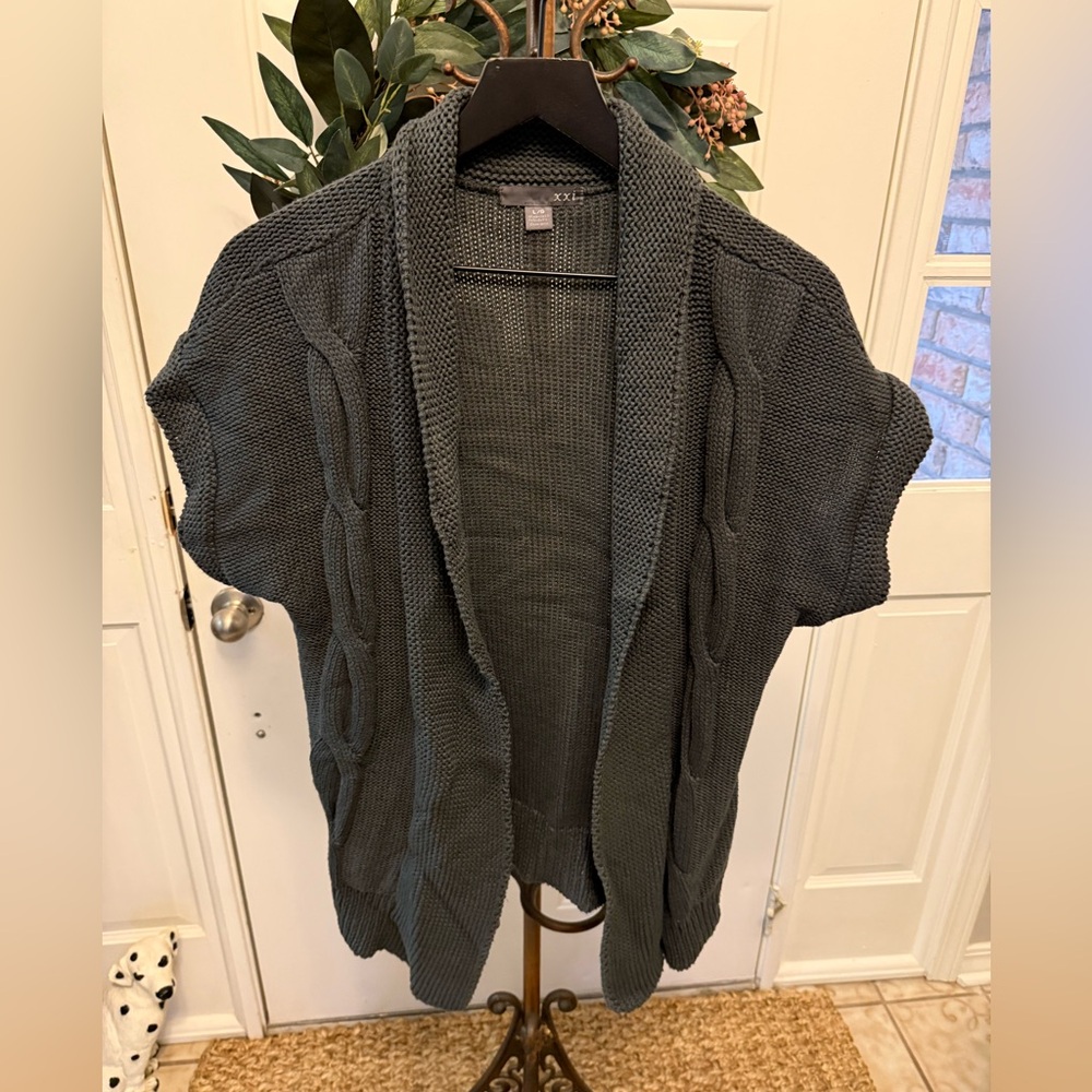 xxi Dark Gray Cable Knit Open Front Cardigan Sweater Short Sleeves L